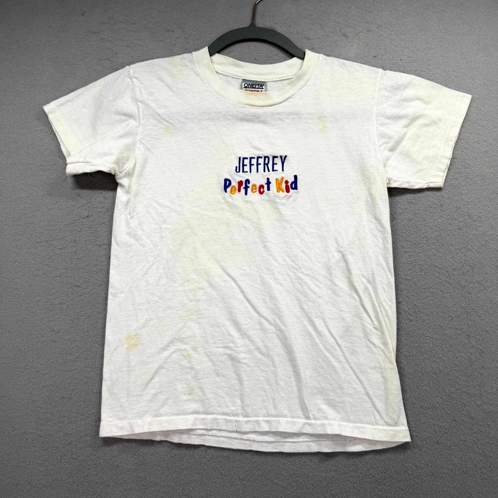 VTG Jeffrey Perfect Kid Oneita Power T-Shirt Kids Large White Single Stitch USA